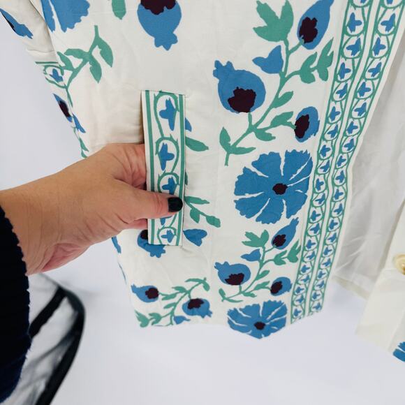 Floral Print Button Front Jacket Cream Blue Green Folk Art Style Size S - Picture 4 of 9